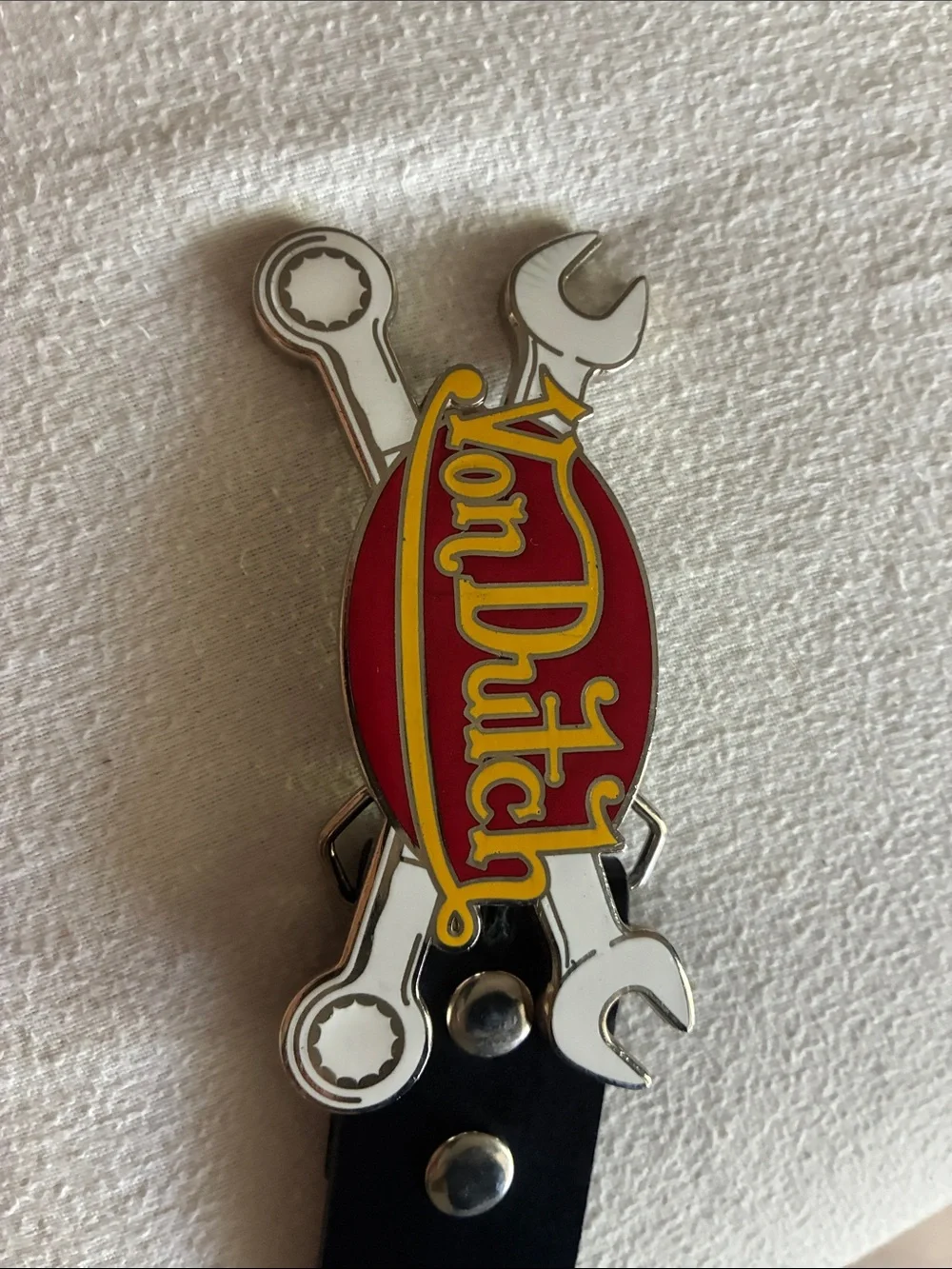 Von Dutch Red & Yellow Enamel Logo Pin with Wrench Design
